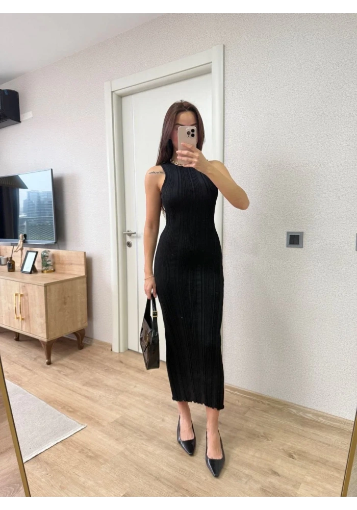 Fitilli Triko Elbise Kolsuz Sırtı Kapalı Maxi Uzun Boy - Siyah