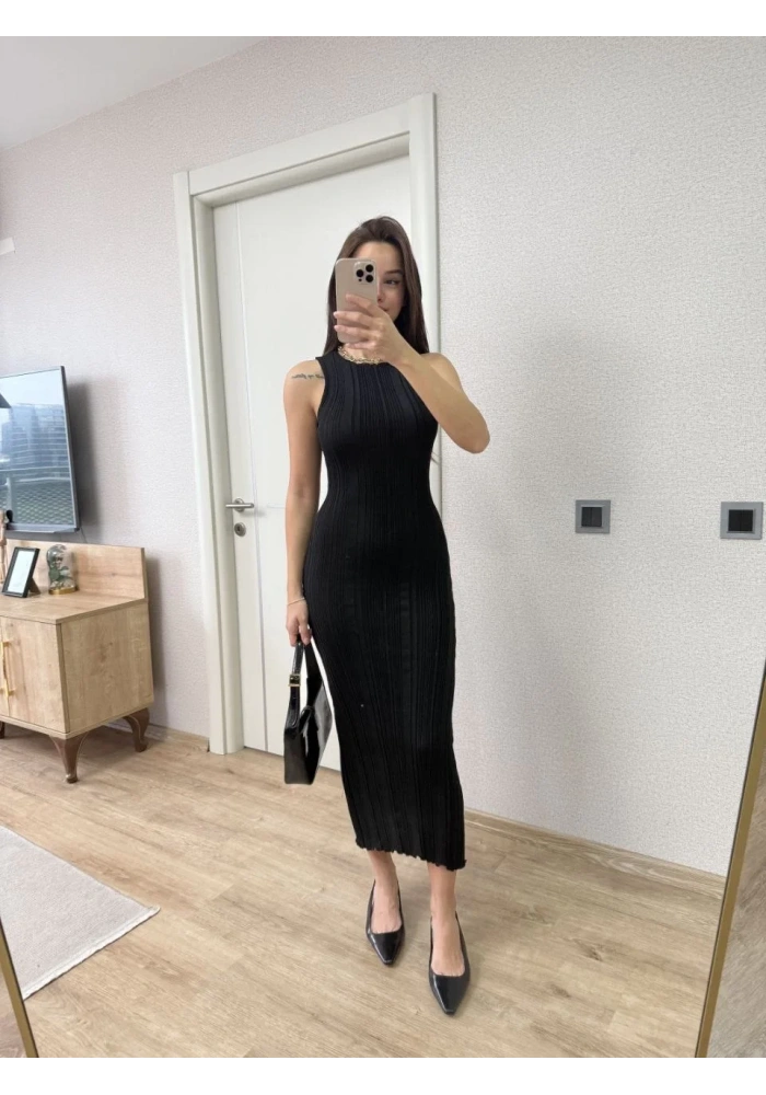 Fitilli Triko Elbise Kolsuz Sırtı Kapalı Maxi Uzun Boy - Siyah