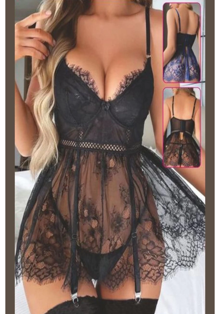 For Dreams 8471 Dantelli Transparan Fantezi Elbise Takım