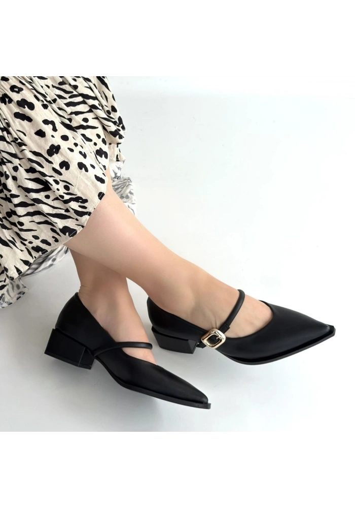 Galye Siyah Cilt Topuklu Ayakkabı