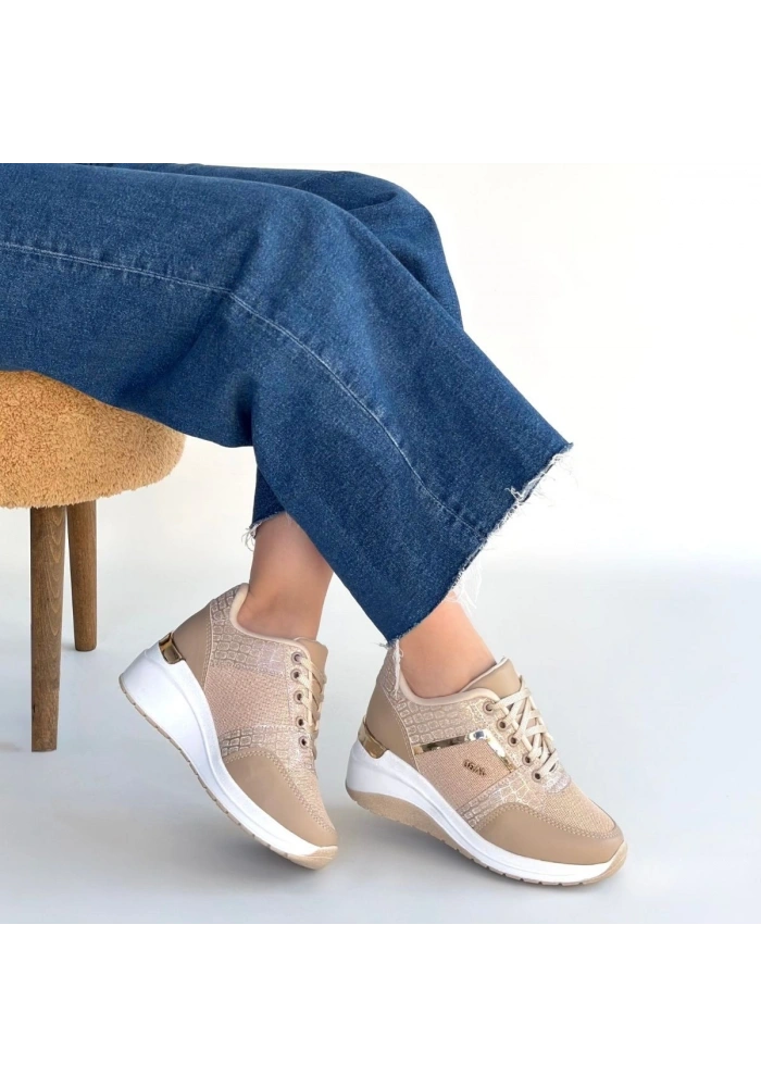 Geja Bej Cilt Bağcıklı Spor Ayakkabı