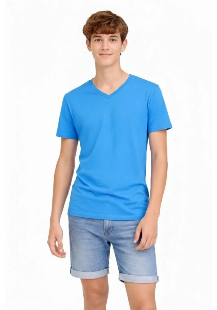 Genç Erkek Çocuk V Yaka Tişört Model - Açık Mavi