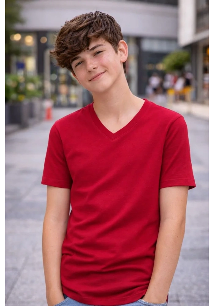 Genç Erkek Çocuk V Yaka Tişört Model - Bordo