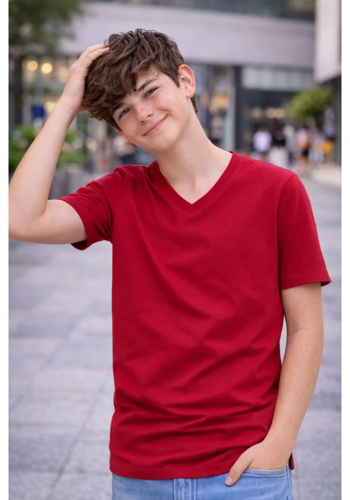 Genç Erkek Çocuk V Yaka Tişört Model - Bordo