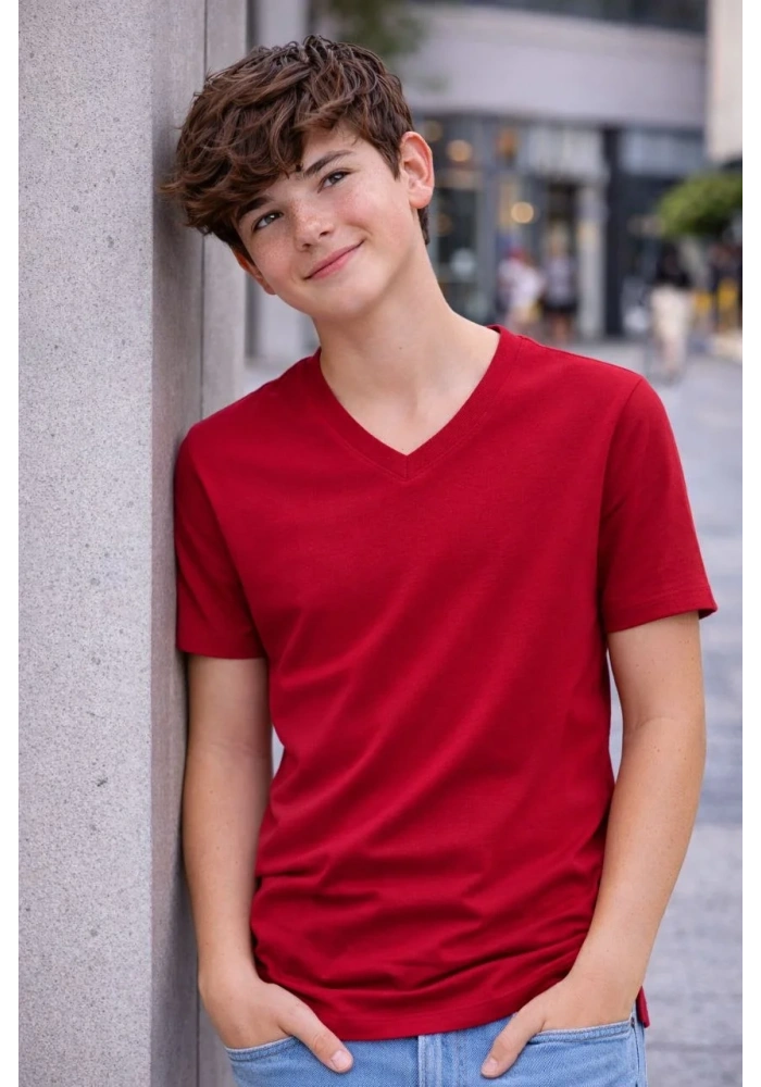 Genç Erkek Çocuk V Yaka Tişört Model - Bordo