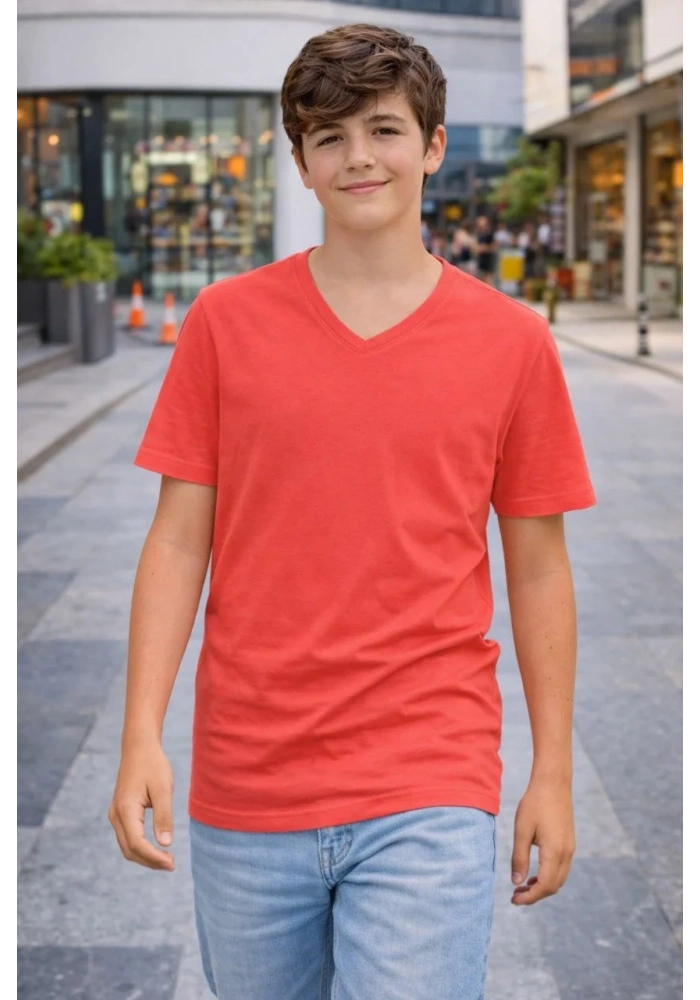 Genç Erkek Çocuk V Yaka Tişört Model - Nar Çiçeği