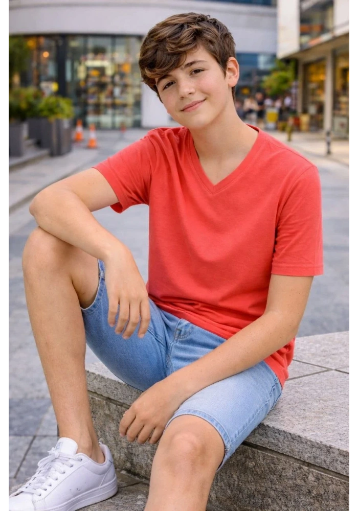 Genç Erkek Çocuk V Yaka Tişört Model - Nar Çiçeği