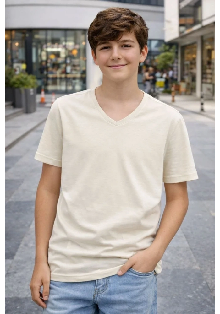 Genç Erkek Çocuk V Yaka Tişört Model - Taş