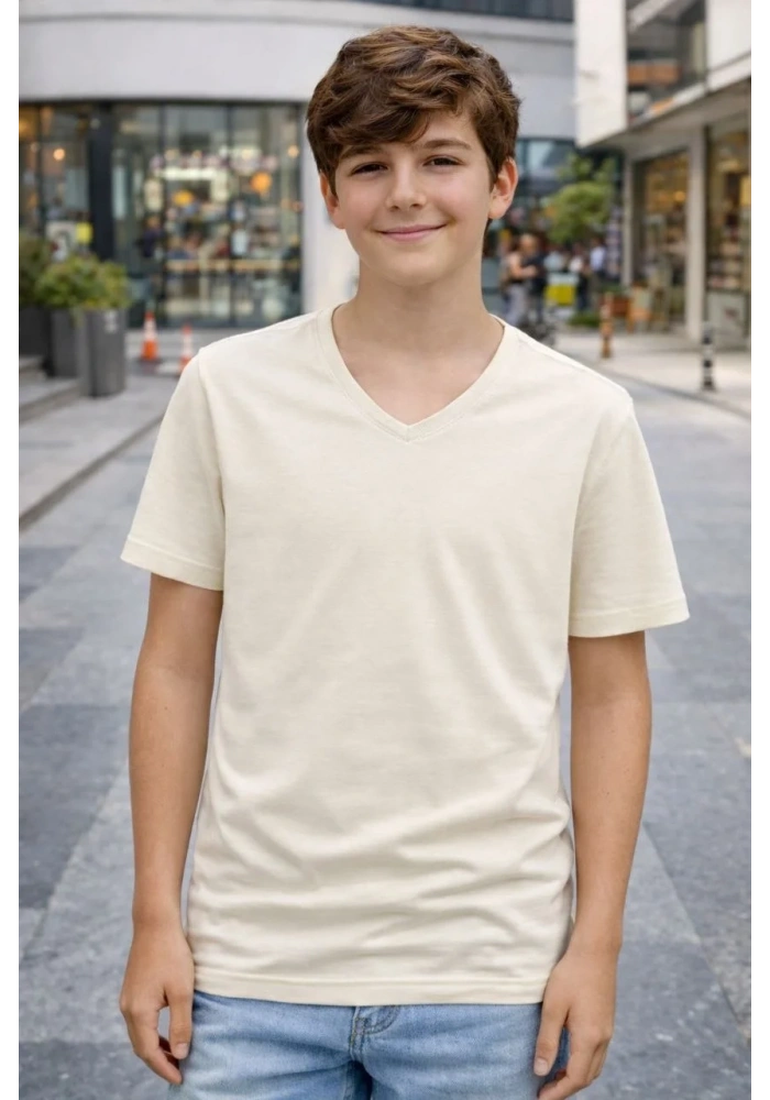 Genç Erkek Çocuk V Yaka Tişört Model - Taş