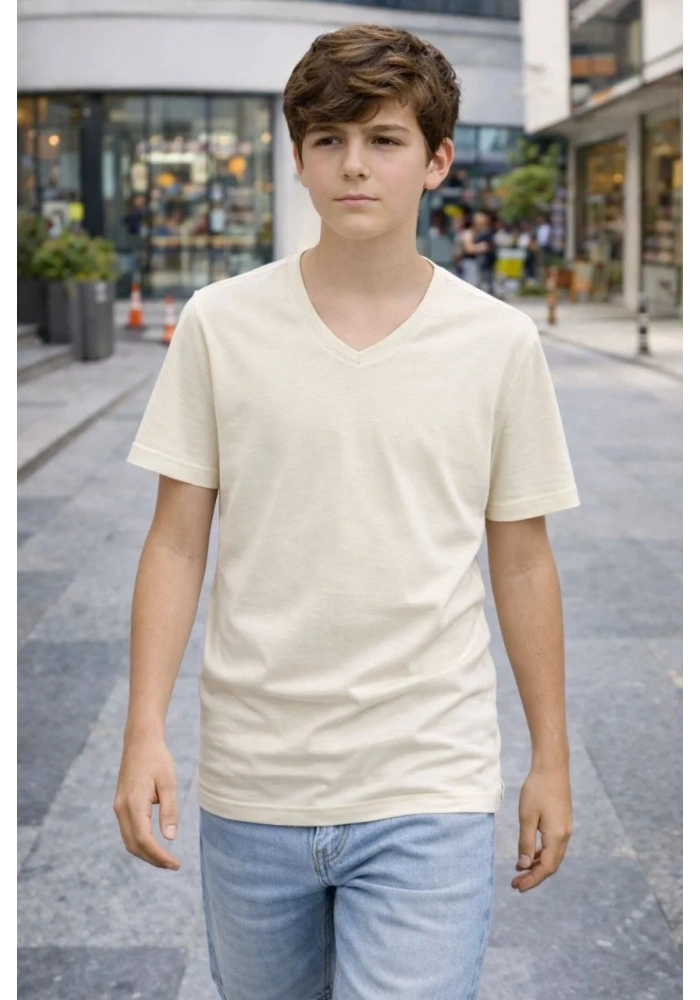 Genç Erkek Çocuk V Yaka Tişört Model - Taş