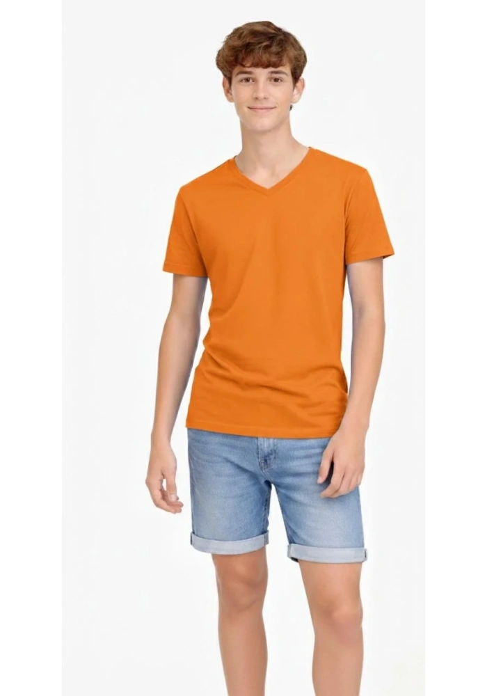 Genç Erkek Çocuk V Yaka Tişört Model - Turuncu