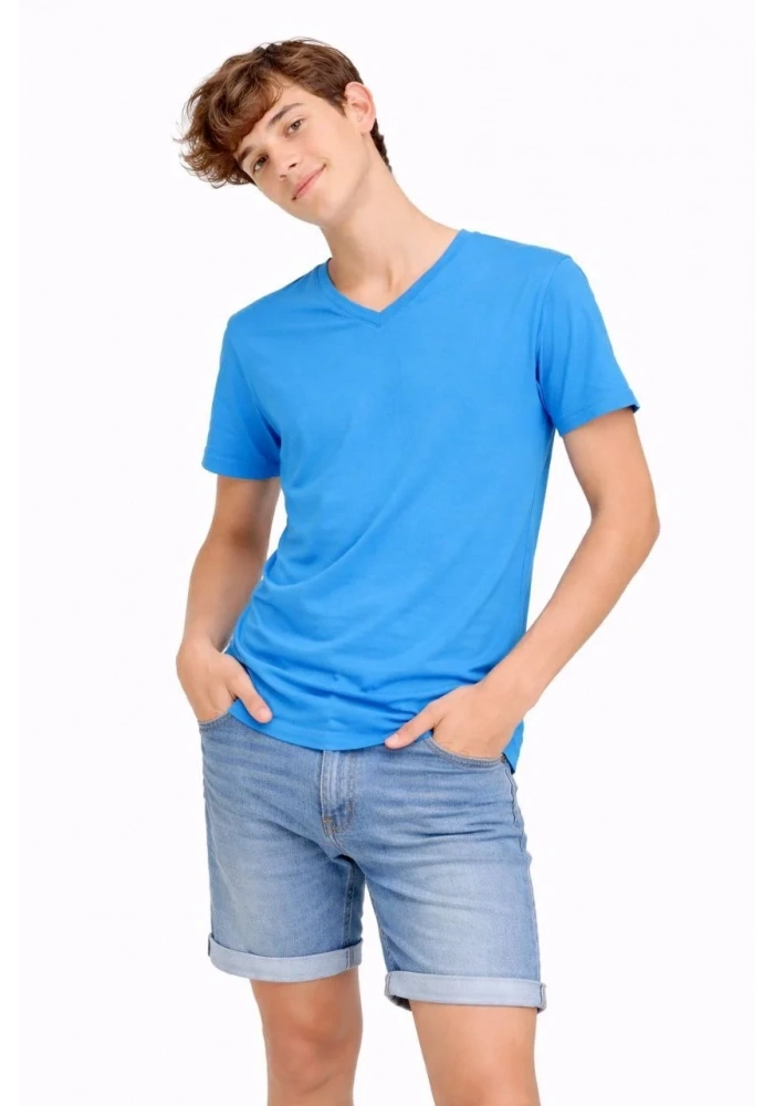 Genç Erkek Çocuk V Yaka Tişört Model - Açık Mavi