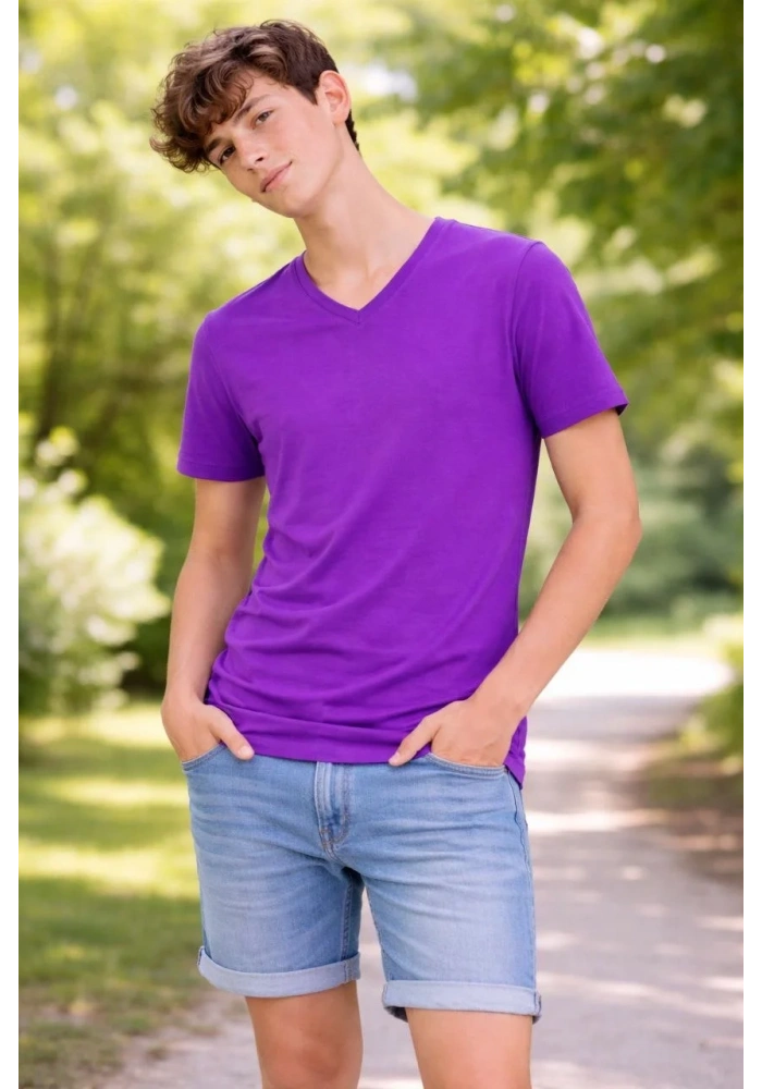 Genç Erkek Çocuk V Yaka Tişört Model - Mor