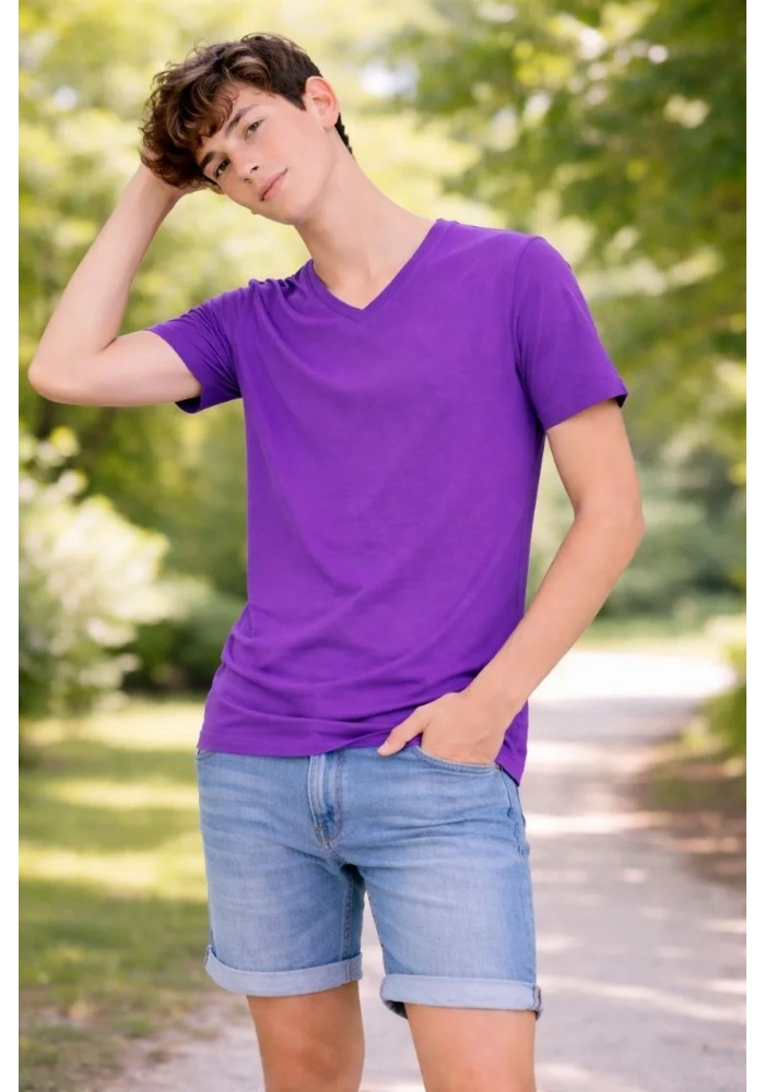 Genç Erkek Çocuk V Yaka Tişört Model - Mor