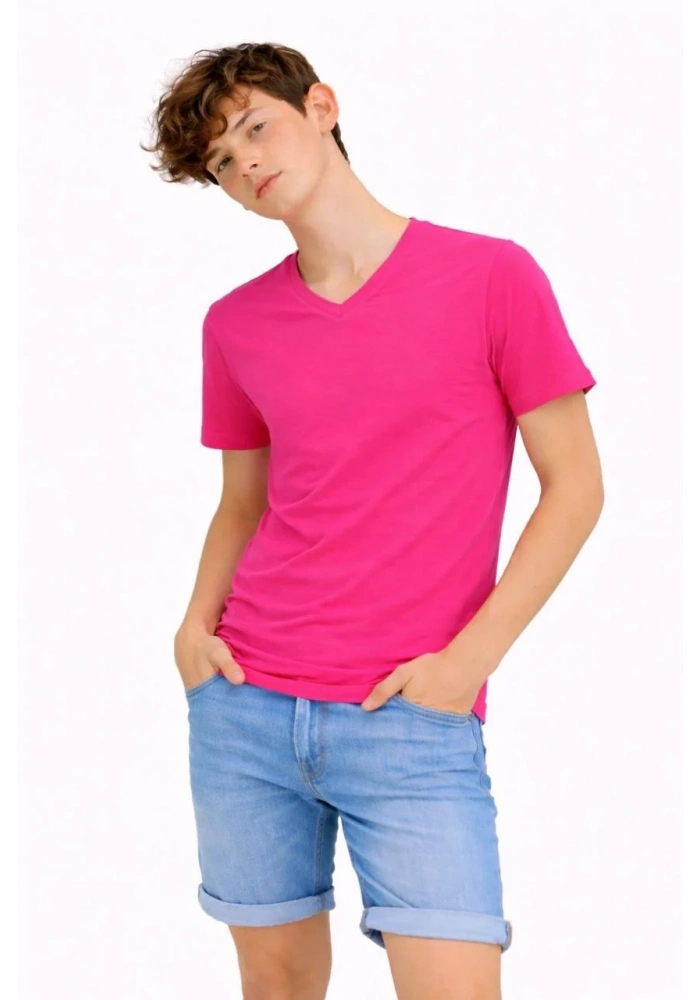 Genç Erkek Çocuk V Yaka Tişört Model - Pembe