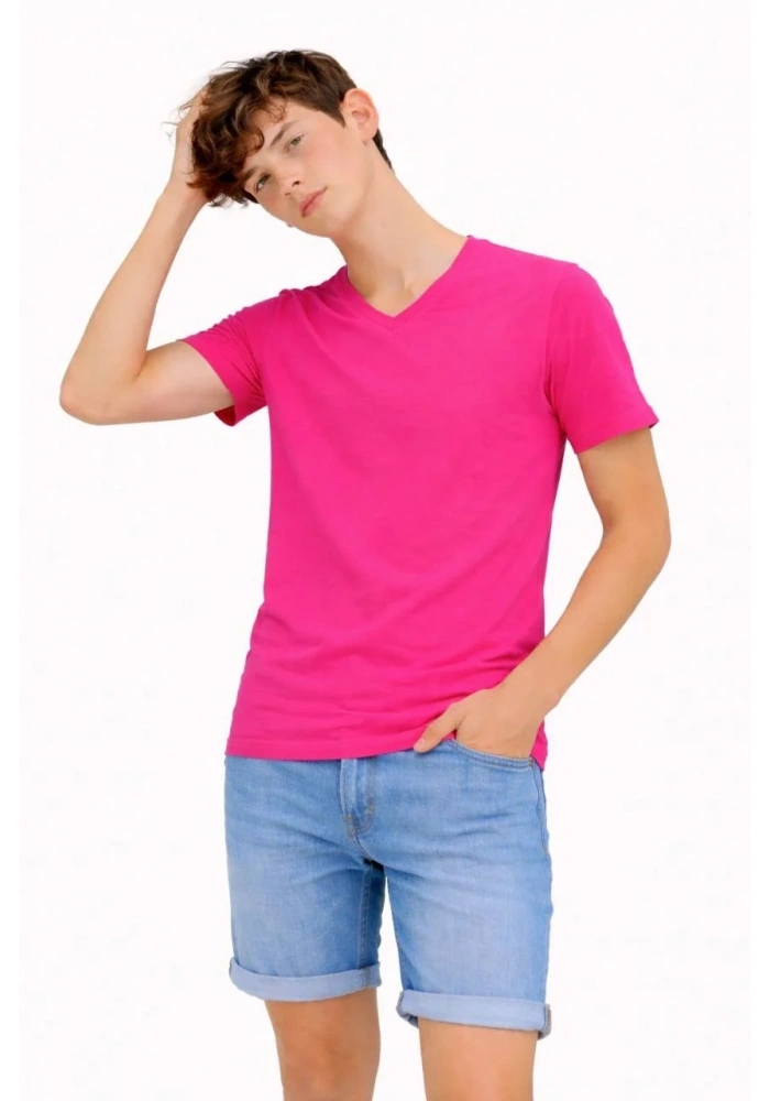 Genç Erkek Çocuk V Yaka Tişört Model - Pembe