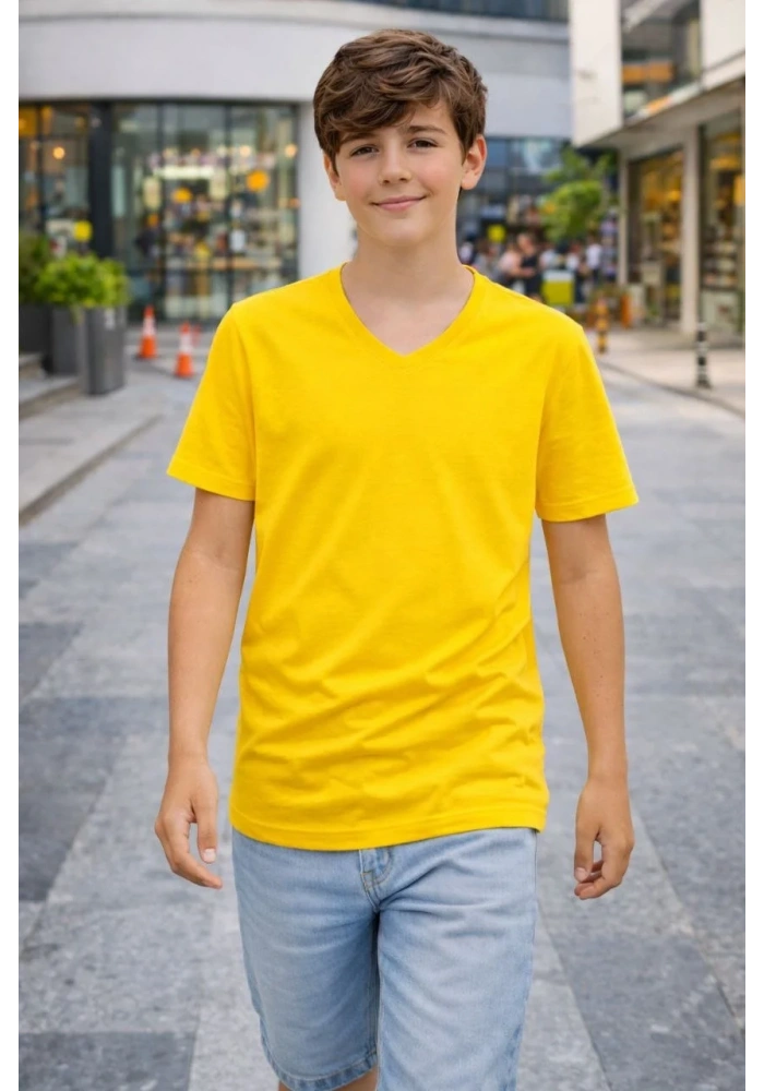 Genç Erkek Çocuk V Yaka Tişört Model - Sarı