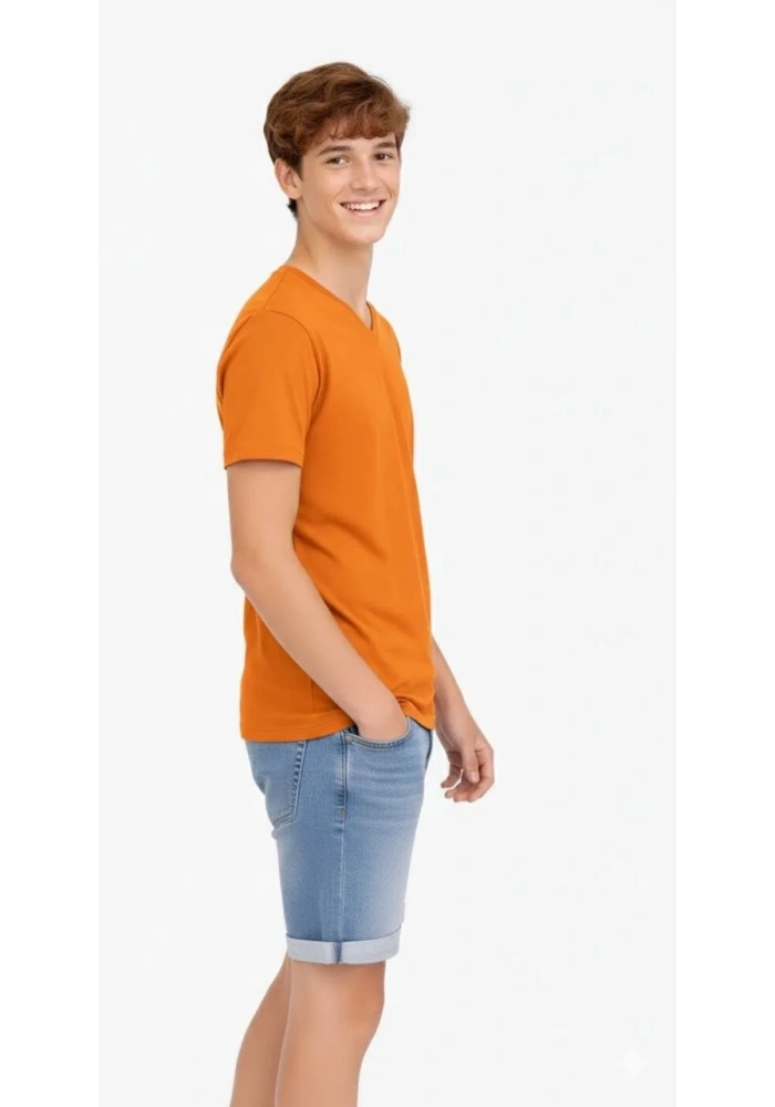 Genç Erkek Çocuk V Yaka Tişört Model - Turuncu