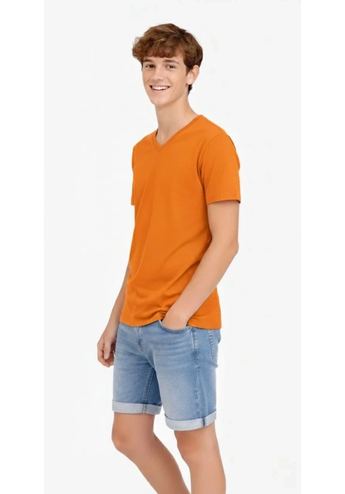 Genç Erkek Çocuk V Yaka Tişört Model - Turuncu