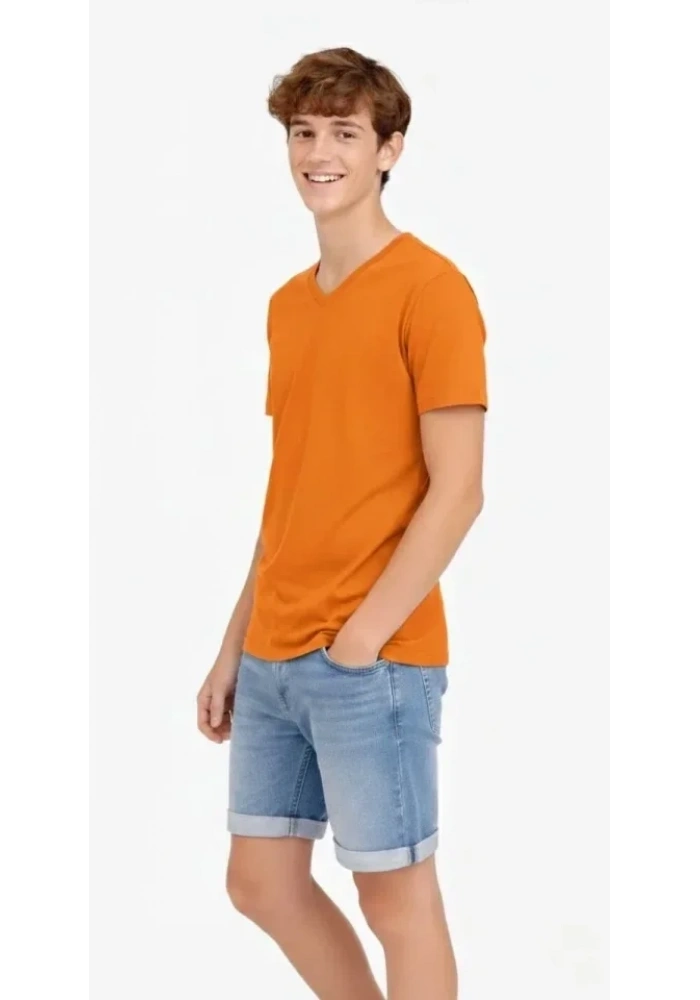 Genç Erkek Çocuk V Yaka Tişört Yazlık Model Günlük Basic Body - Turuncu