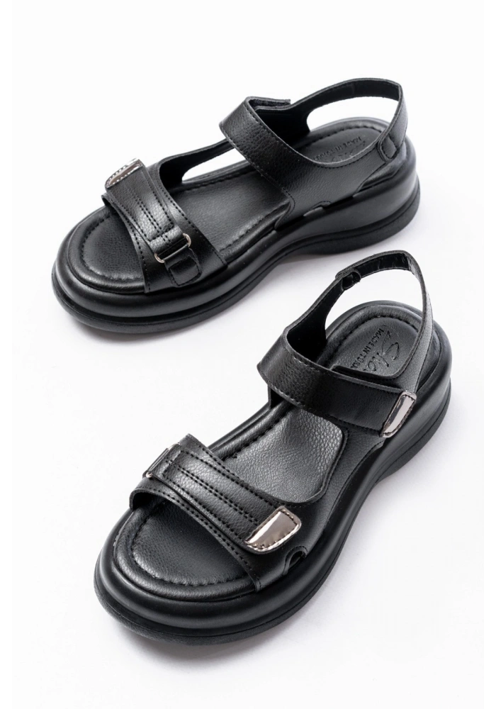 Ginya Siyah Cilt Cırt Cırtlı Sandalet