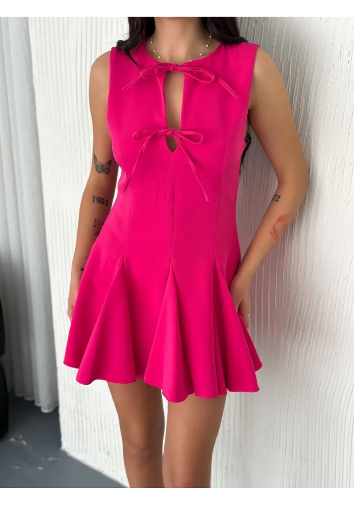 Göğüs Bağlamalı Kolsuz Mini Boy Elbise - Pembe