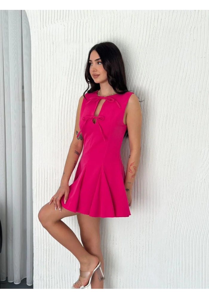 Göğüs Bağlamalı Kolsuz Mini Boy Elbise - Pembe
