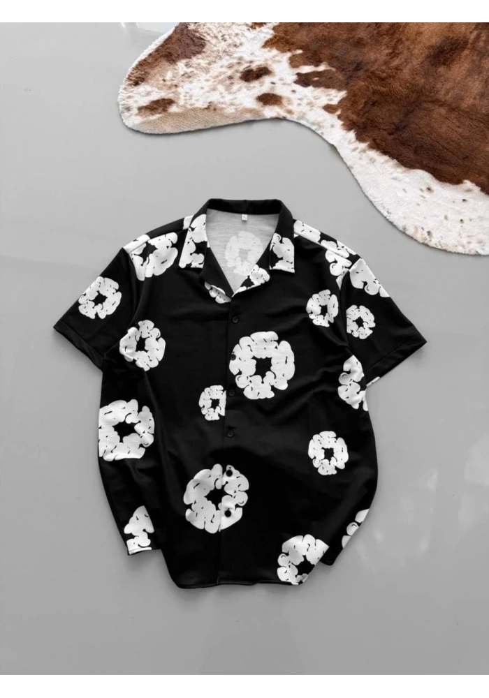 İki İplik Kumaş Baskılı Gömlek - Siyah