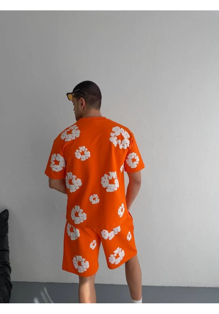 İki İplik Kumaş Baskılı T-shirt Şortlu Takım- Turuncu