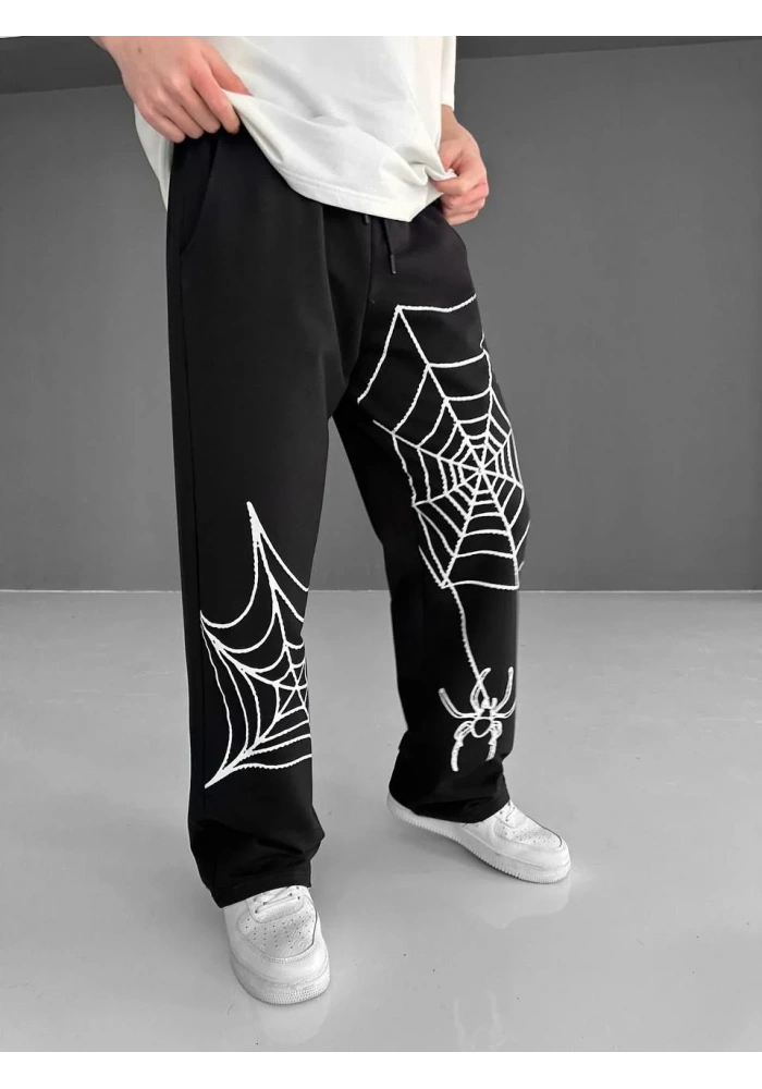 İki İplik Kumaş Örümcek Baskılı Esofman - Siyah