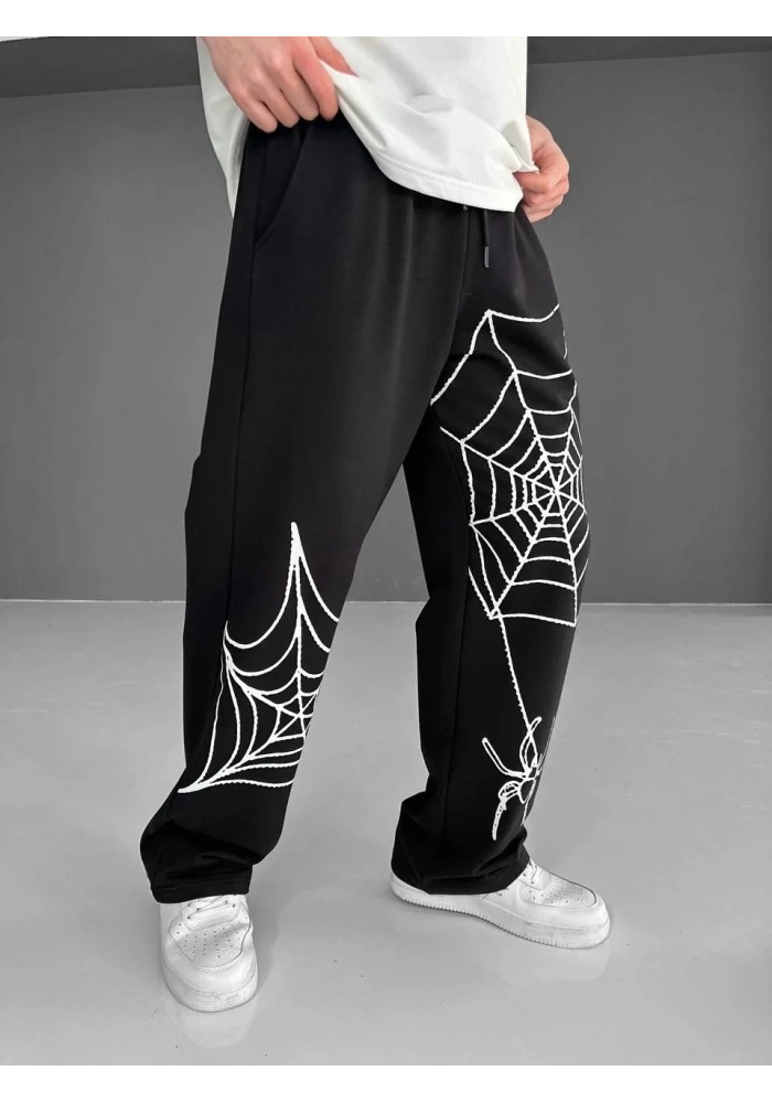 İki İplik Kumaş Örümcek Baskılı Esofman - Siyah