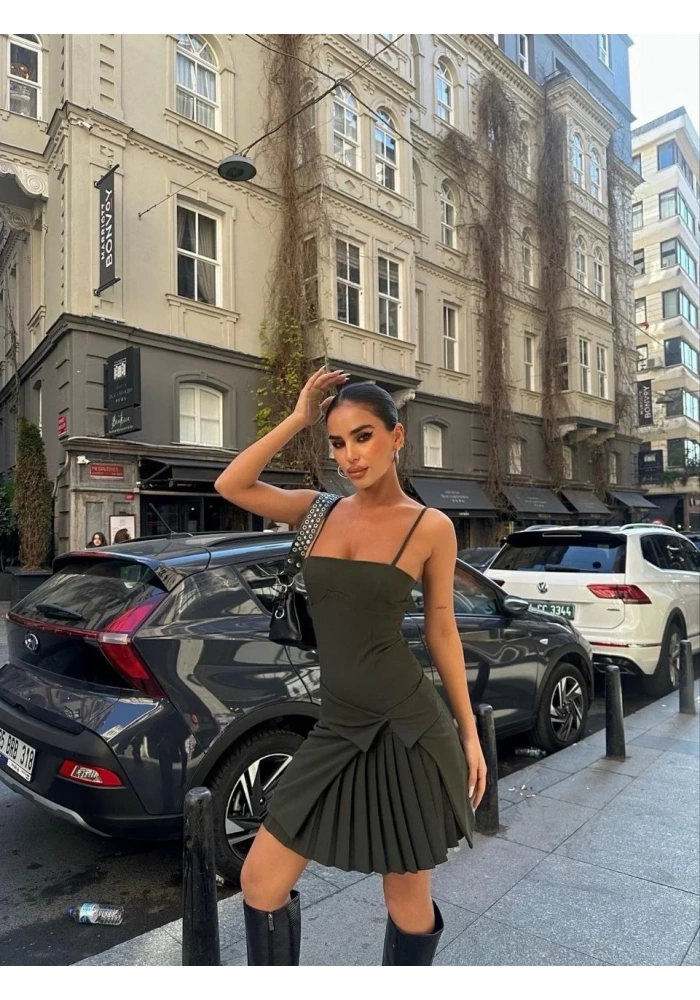 İki Parçalı Pileli Askılı Kadın Mini Elbise - Haki