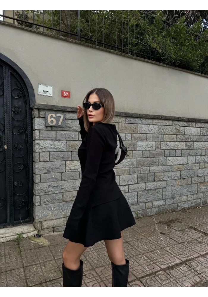 İkili Fermuarlı Hırkalı Etekli Takım - Siyah