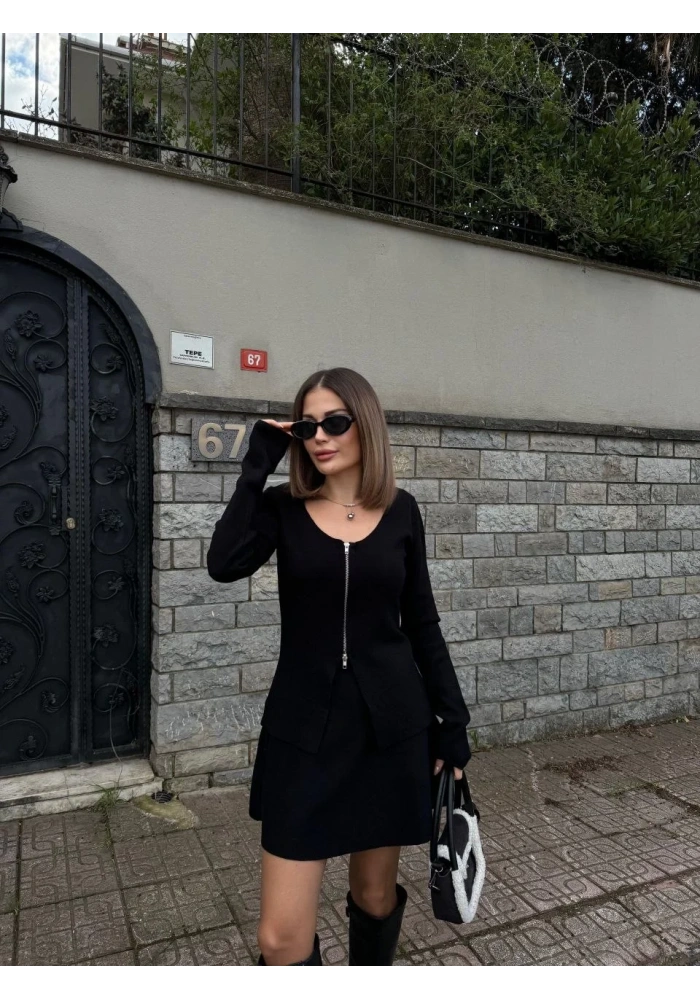 İkili Fermuarlı Hırkalı Etekli Takım - Siyah