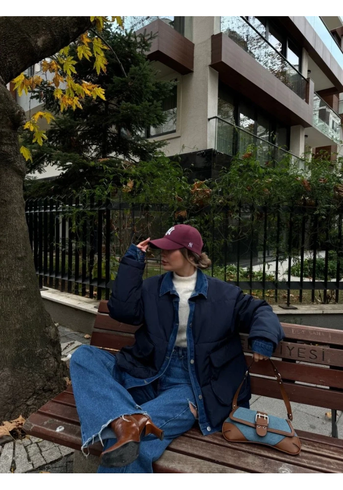 Jeans Detaylı Cıtcıtlı Ceket Mont - Lacivert