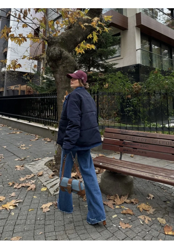 Jeans Detaylı Cıtcıtlı Ceket Mont - Lacivert