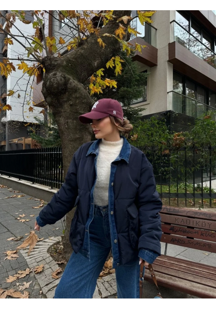 Jeans Detaylı Cıtcıtlı Ceket Mont - Lacivert