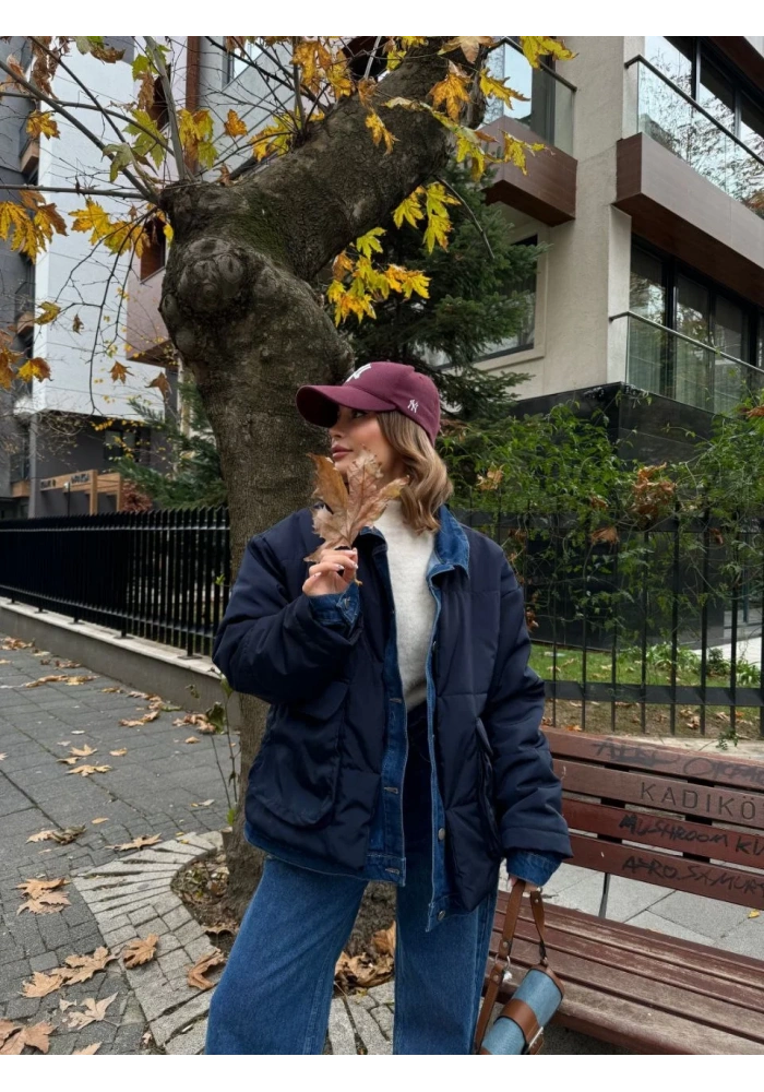 Jeans Detaylı Cıtcıtlı Ceket Mont - Lacivert