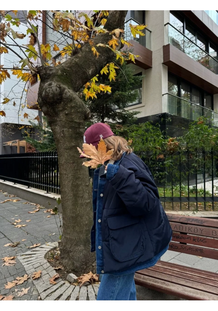 Jeans Detaylı Cıtcıtlı Ceket Mont - Lacivert