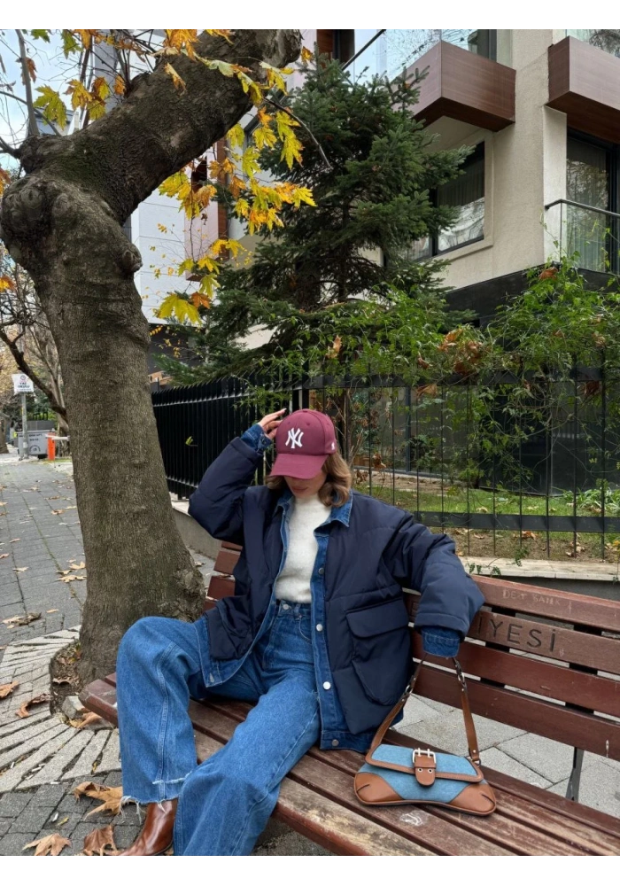 Jeans Detaylı Cıtcıtlı Ceket Mont - Lacivert