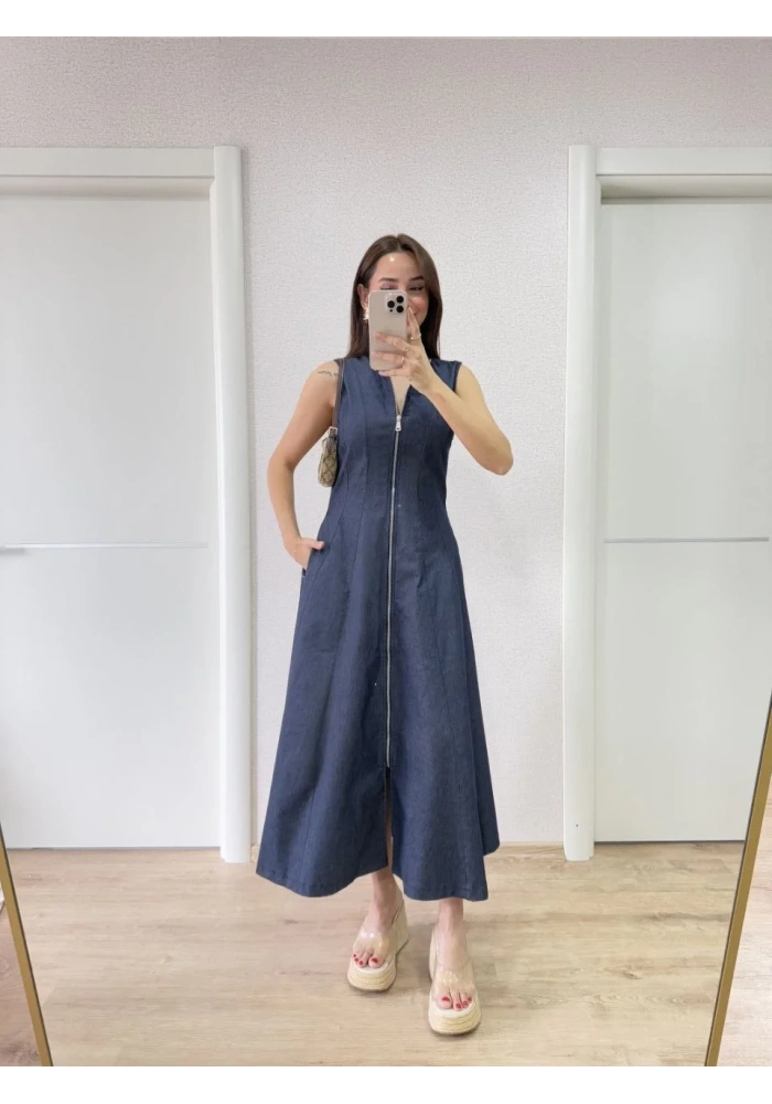 Jeans Kot Önü Tam Fermuarlı Kadın Uzun Elbise - Mavi