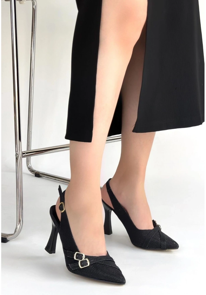 Jedda Siyah Simli Cilt Topuklu Ayakkabı