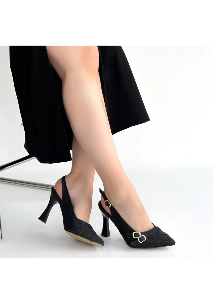 Jedda Siyah Simli Cilt Topuklu Ayakkabı