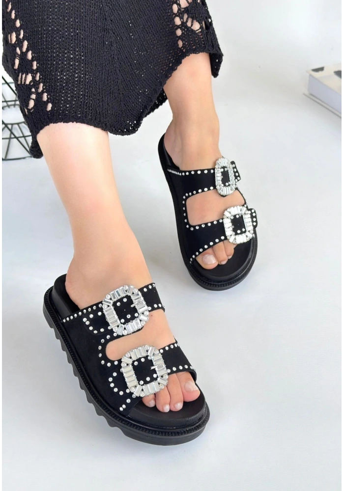 Juana Siyah Nubuk  Taşlı Terlik