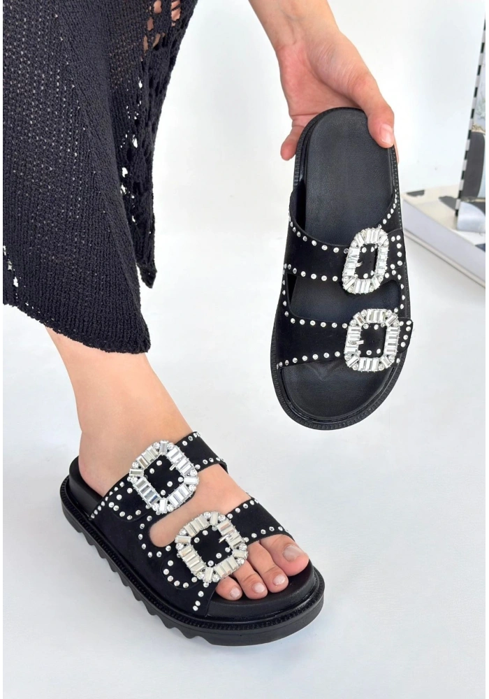 Juana Siyah Nubuk  Taşlı Terlik