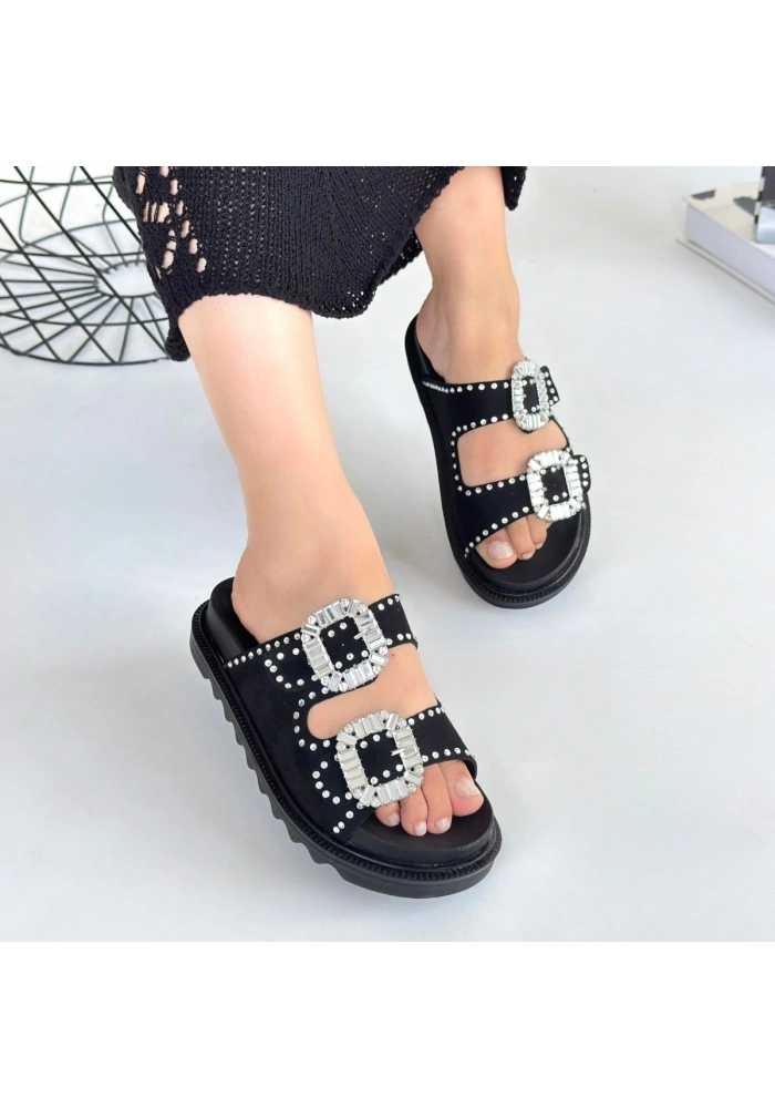 Juana Siyah Nubuk  Taşlı Terlik