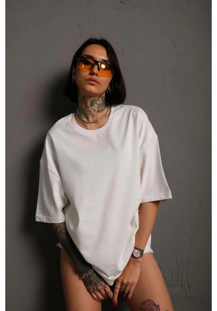 Kadın 24/1 Düz A Kalite Oversize T-shirt - Beyaz