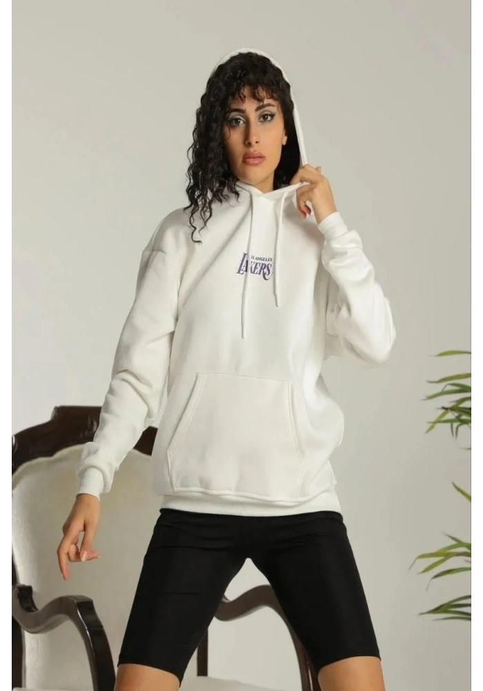 Kadın 24 Sırt Baskılı Ovresize Üç İplik Kapüşonlu Sweatshirt - Beyaz