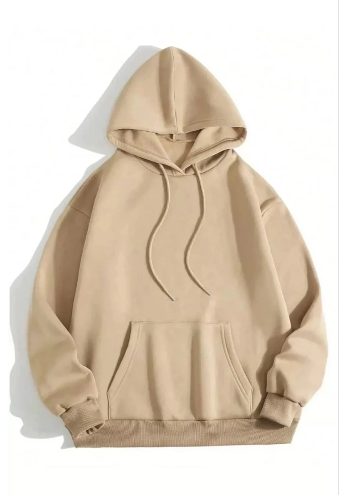 Kadın Kapüşonlu Kanguru Cepli 3 İplik Pamuklu Düz Hoodie Sweatshirt - Bej