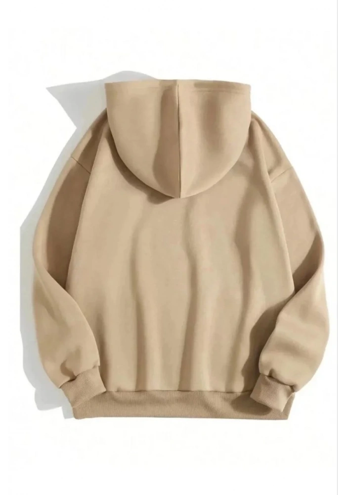 Kadın Kapüşonlu Kanguru Cepli 3 İplik Pamuklu Düz Hoodie Sweatshirt - Bej
